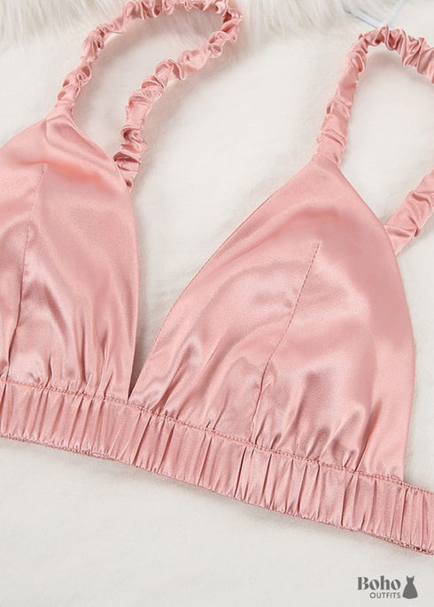 Pijama bohemio, conjunto de pijama de satén Clementine en plata, rosa y champán.